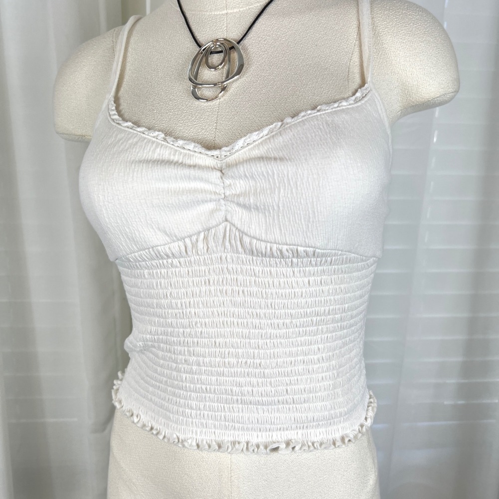 No Boundaries Womens White Smocked Camisole Top Sz M Lettuce Trim Size M